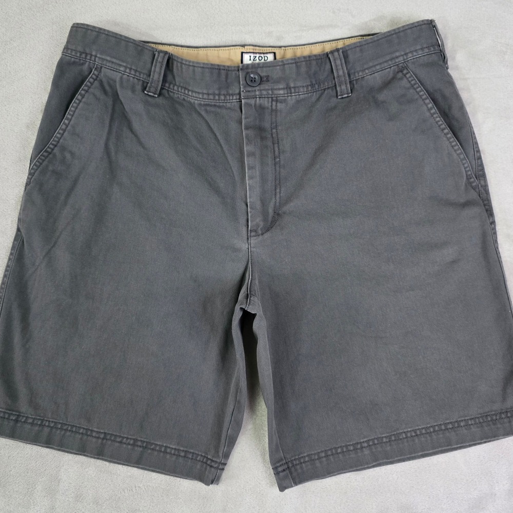 IZOD Mens 38 Charcoal Grey Chino Shorts Cotton Flat‎ Front